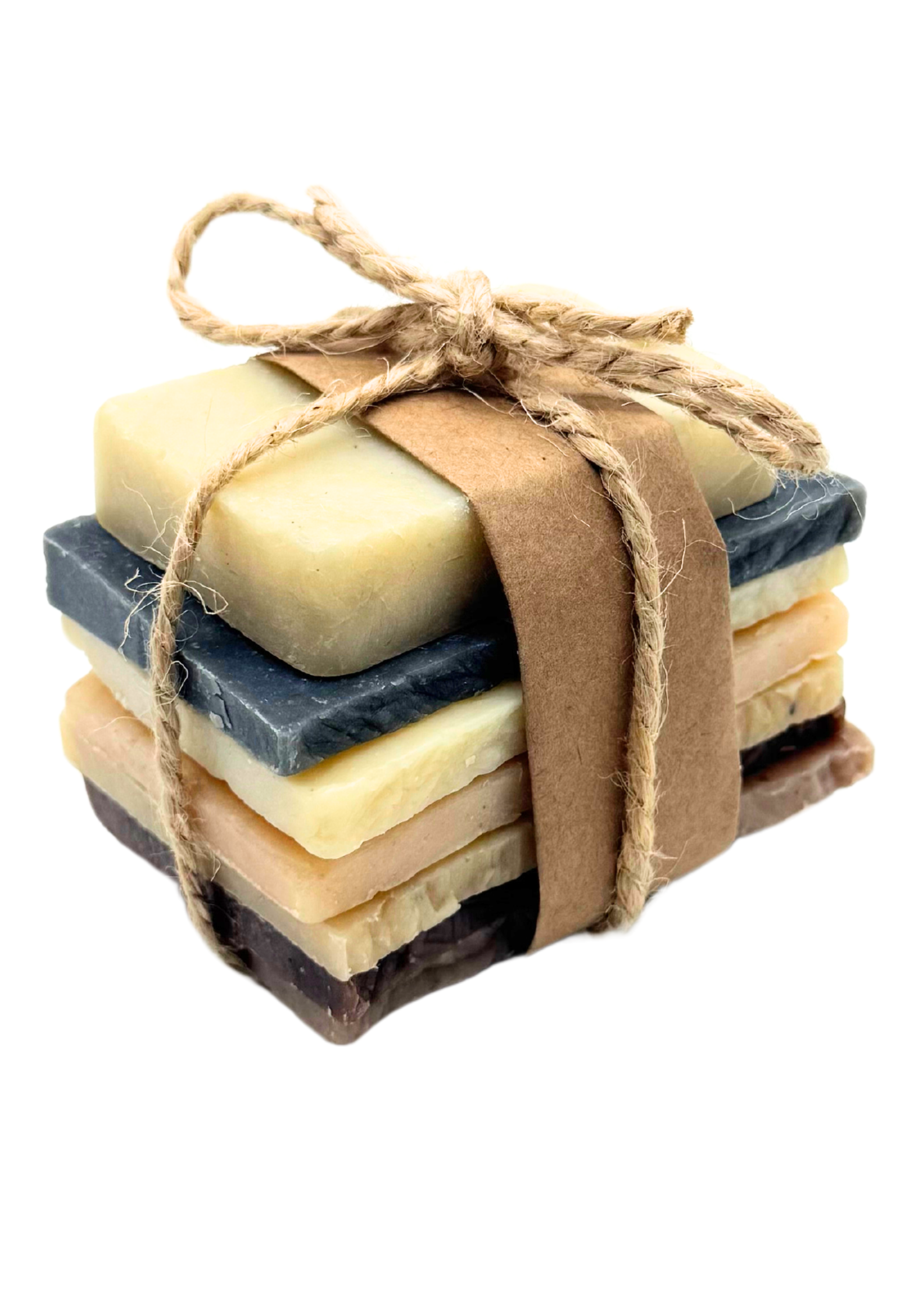 Stacked natural bar soaps tied with twine, Zero-Waste Cleaning Products, Chemical-Free Cleanser